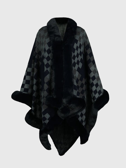 Checkered Faux Fur Trim Poncho - Fashion Finder Hub