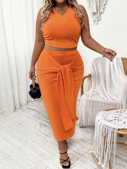 Plus Solid Tank Top & Tie Front Skirt