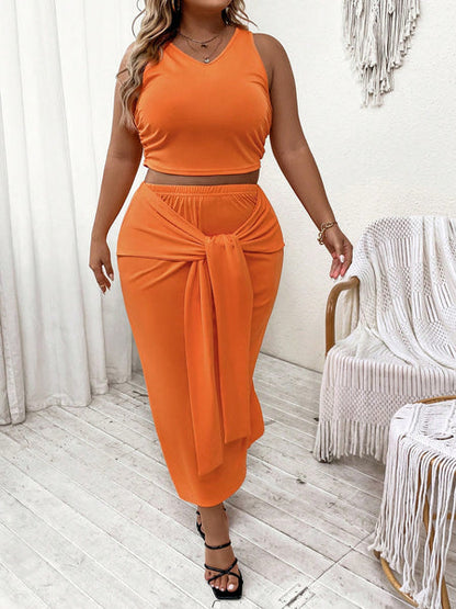 Plus Solid Tank Top & Tie Front Skirt