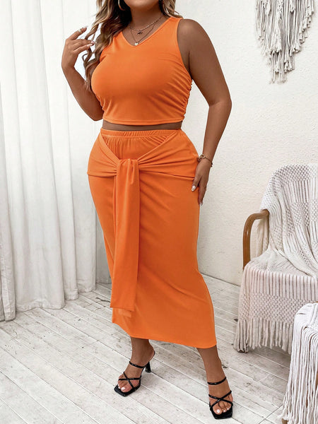 Plus Solid Tank Top & Tie Front Skirt