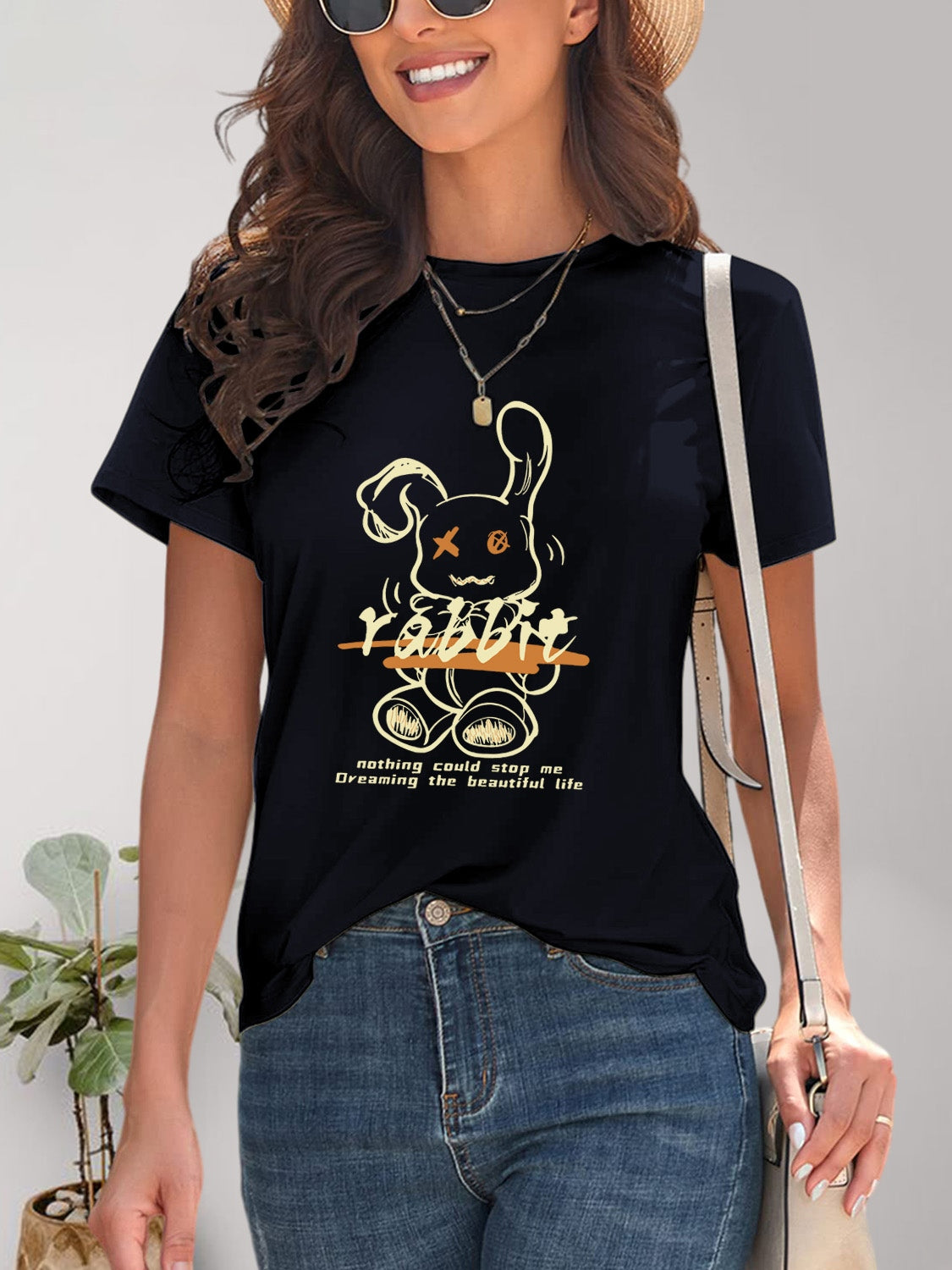 Rabbit Graphic Round Neck Short Sleeve T-Shirt - Fashion Finder Hub