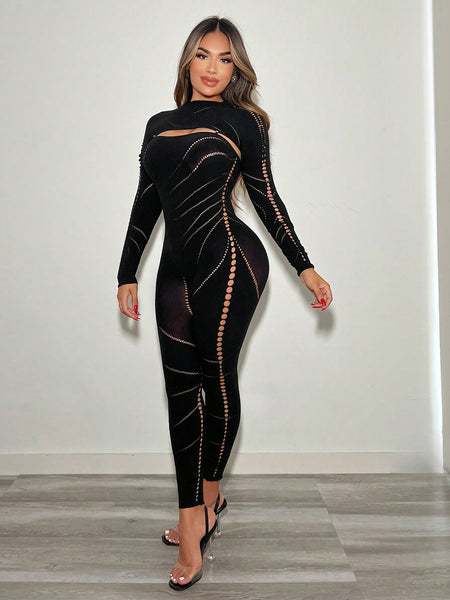 Fashionable And Gorgeous Ladies Sexy Black Hollow Air Party Nightclub Design Point Side Details Hollow High Elastic Silk Seamless Tight Jumpsuit