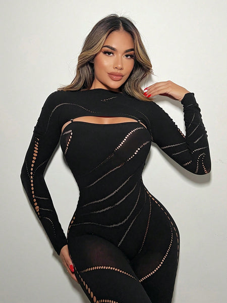 Fashionable And Gorgeous Ladies Sexy Black Hollow Air Party Nightclub Design Point Side Details Hollow High Elastic Silk Seamless Tight Jumpsuit