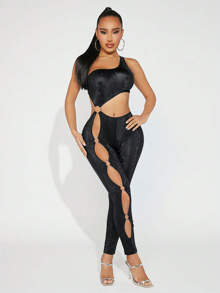 Women Snake Print Hollow Out  Jumpsuit Unitard Concert Outfits Black Summer Outfits