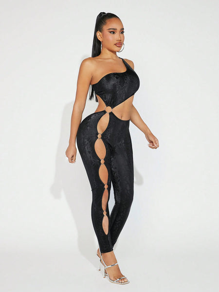 Women Snake Print Hollow Out  Jumpsuit Unitard Concert Outfits Black Summer Outfits