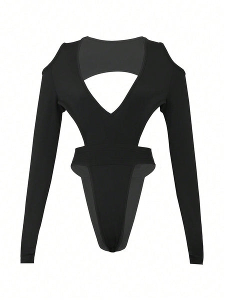 Women's Solid Color Hollow Out Backless Bodysuit