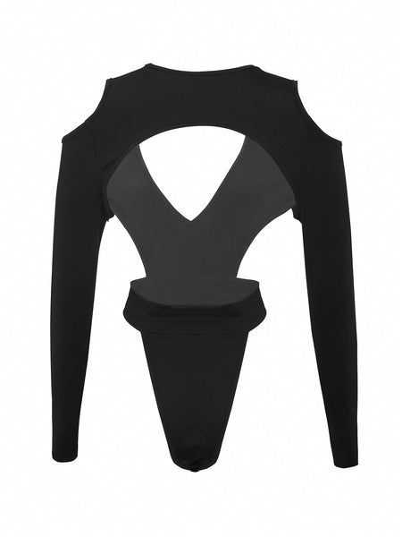 Women's Solid Color Hollow Out Backless Bodysuit