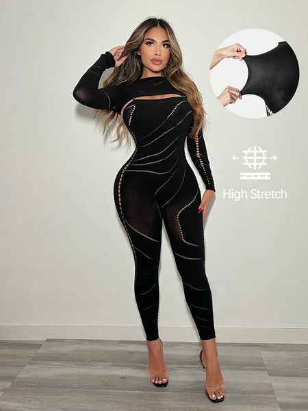 Fashionable And Gorgeous Ladies Sexy Black Hollow Air Party Nightclub Design Point Side Details Hollow High Elastic Silk Seamless Tight Jumpsuit