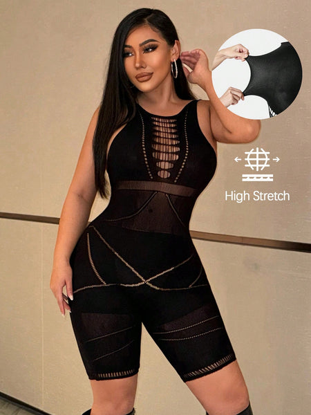 Fashionable And Gorgeous Ladies Sexy Black Hollow Quality Party Nightclub Babes See-Through Fishnet Splicing Sleeveless Round Neck High Elastic Seamless High Elastic Silk Unitard