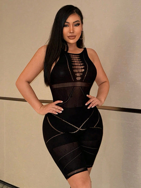 Fashionable And Gorgeous Ladies Sexy Black Hollow Quality Party Nightclub Babes See-Through Fishnet Splicing Sleeveless Round Neck High Elastic Seamless High Elastic Silk Unitard