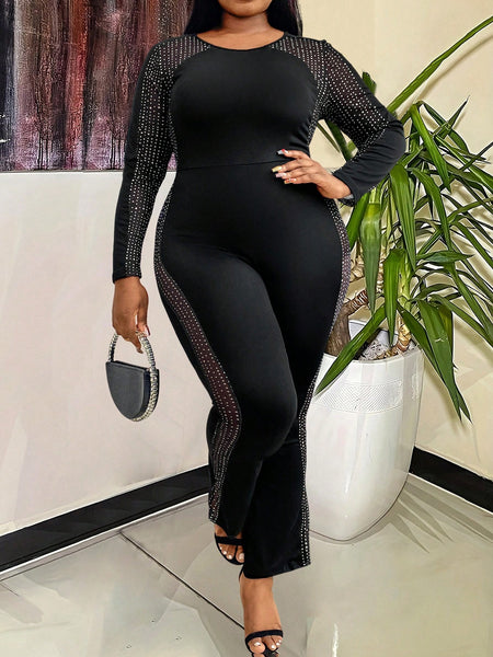 Plus Size Women's Rhinestone Embellished Sheer Mesh Long Sleeve Jumpsuit