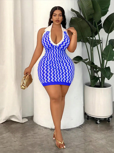 Plus Size Tight-Fitting Striped Halter Neck Knitted Sweater Dress, Spring/Summer