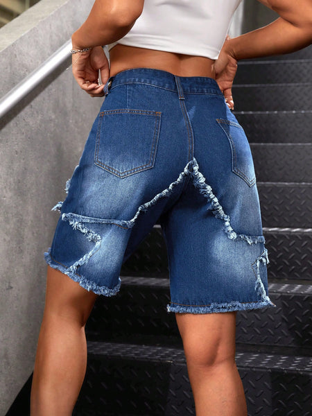 Women Patchwork Frayed Loose Casual Denim Shorts