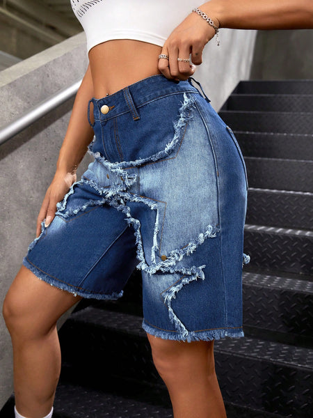 Women Patchwork Frayed Loose Casual Denim Shorts