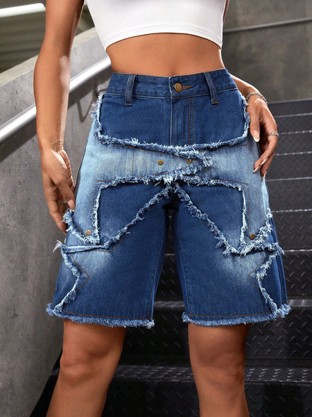 Women Patchwork Frayed Loose Casual Denim Shorts