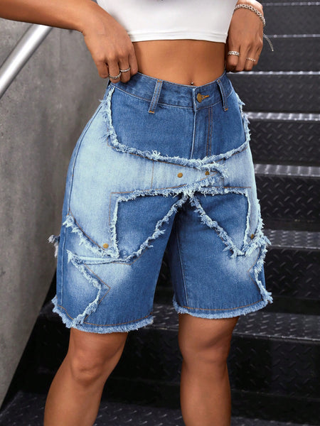 Women Patchwork Frayed Loose Casual Denim Shorts