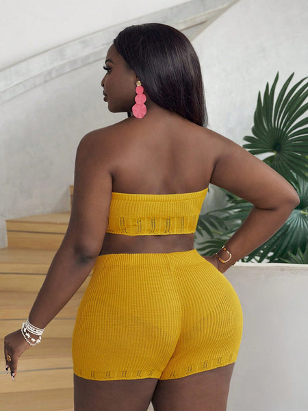 Plus Size Holiday & Leisure Elegant Slim Solid Color Yellow Tube Top And Shorts Women Crochet Two-Piece Set