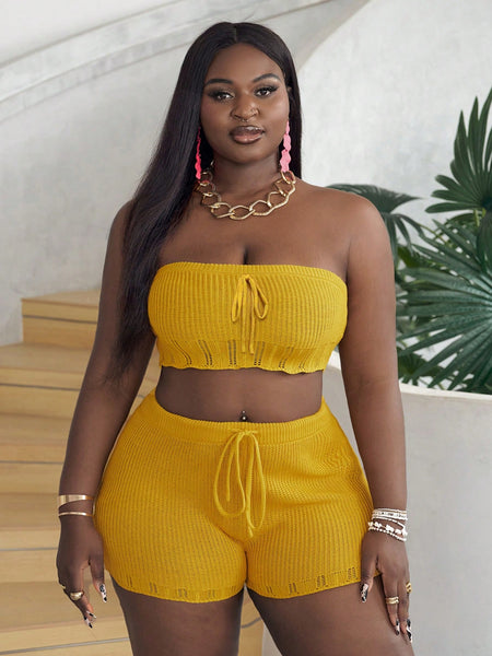 Plus Size Holiday & Leisure Elegant Slim Solid Color Yellow Tube Top And Shorts Women Crochet Two-Piece Set