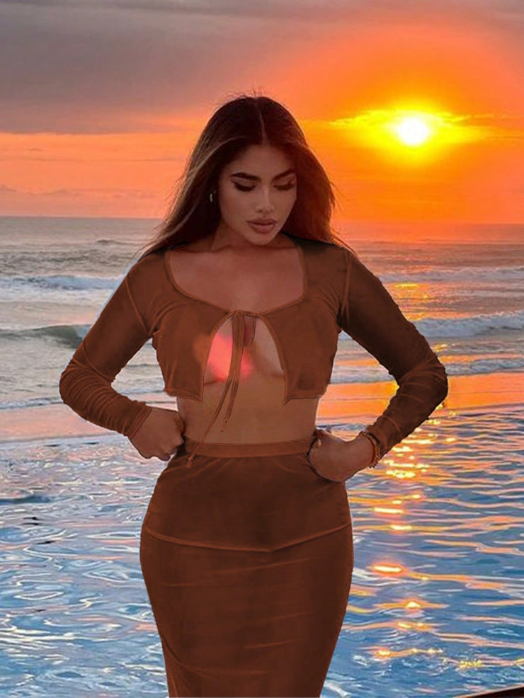 Front Tied Crop Top And Bodycon Skirt Set With Sheer Design Summer Holiday Beach Casual Fairy Flowy Sexy Boho Birthday Bachelorette Party Women Outfit