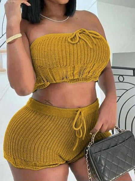 Plus Size Holiday & Leisure Elegant Slim Solid Color Yellow Tube Top And Shorts Women Crochet Two-Piece Set