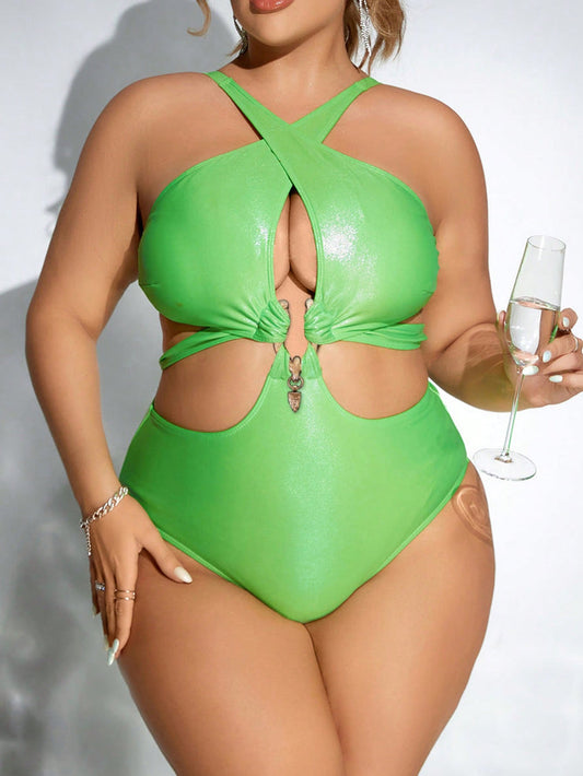 Plus Size Summer Beach Solid Color Halter Hollow Out Cross Strap One-Piece Swimsuit, Suitable For Beach And Pool Wear