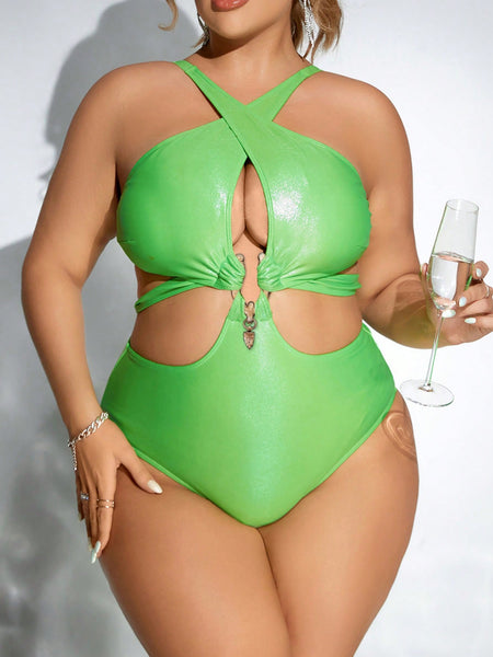 Plus Size Summer Beach Solid Color Halter Hollow Out Cross Strap One-Piece Swimsuit, Suitable For Beach And Pool Wear