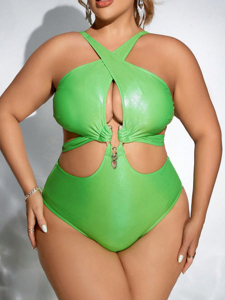 Plus Size Summer Beach Solid Color Halter Hollow Out Cross Strap One-Piece Swimsuit, Suitable For Beach And Pool Wear