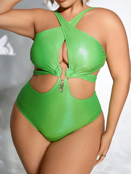 Plus Size Summer Beach Solid Color Halter Hollow Out Cross Strap One-Piece Swimsuit, Suitable For Beach And Pool Wear