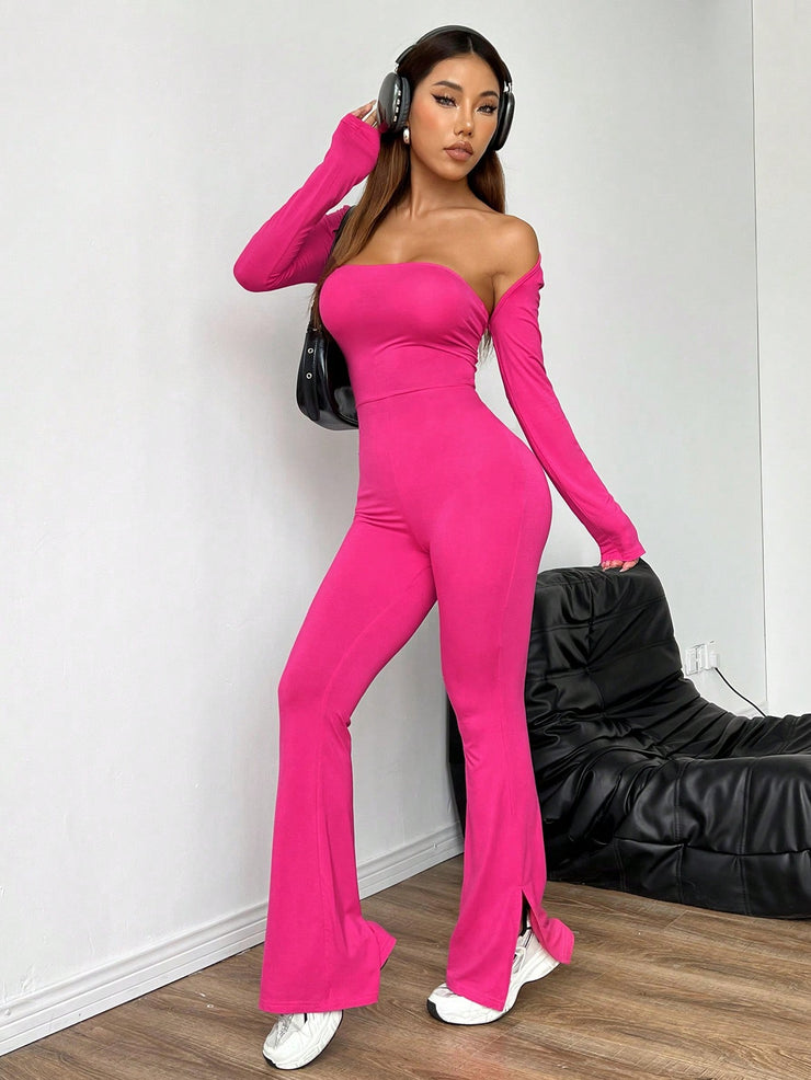 Split Hem Tube Flare Leg Jumpsuit & Crop Bolero