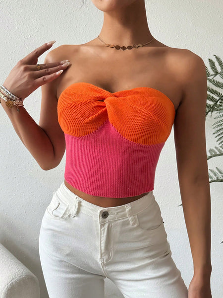 Women Slim Fit Color Block Twist Knot Strapless Knit Top