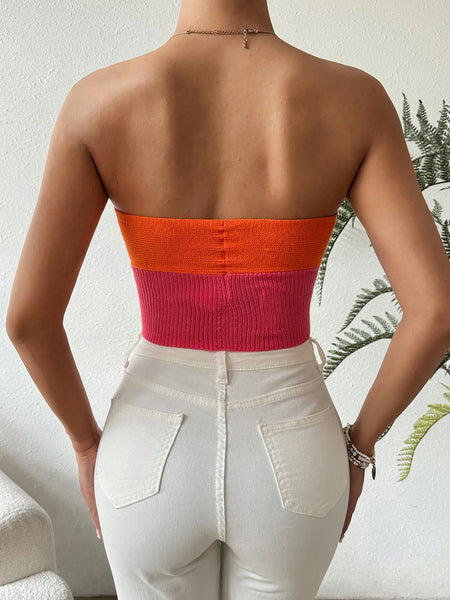 Women Slim Fit Color Block Twist Knot Strapless Knit Top