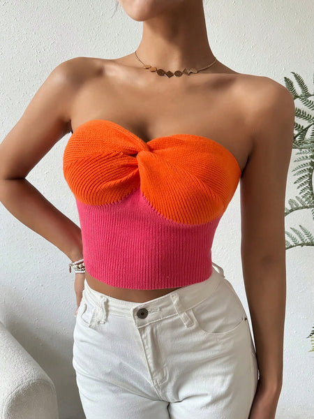 Women Slim Fit Color Block Twist Knot Strapless Knit Top