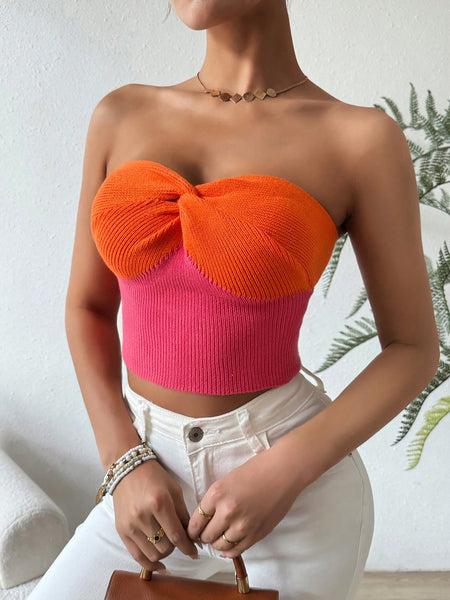 Women Slim Fit Color Block Twist Knot Strapless Knit Top