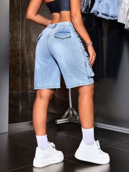 Summer Solid Color Casual Denim Shorts With Pockets