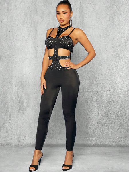 Rhinestone Cut Out Unitard Jumpsuit