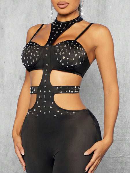 Rhinestone Cut Out Unitard Jumpsuit