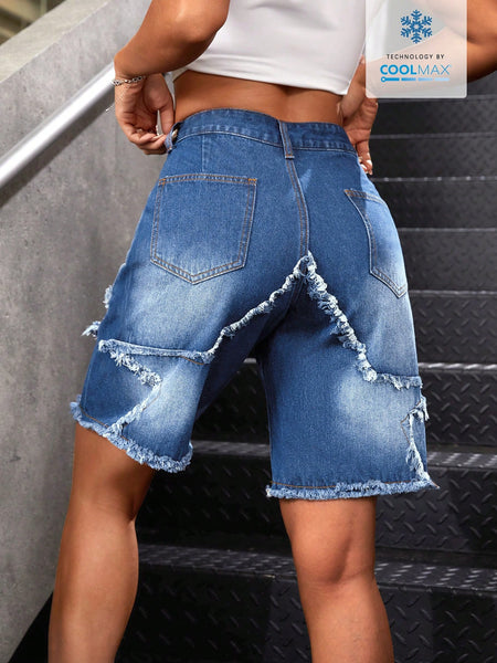 Women Patchwork Frayed Loose Casual Denim Shorts