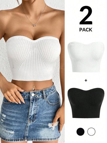 Women's New Solid Color Short Knitted Tube Top 2 Pieces