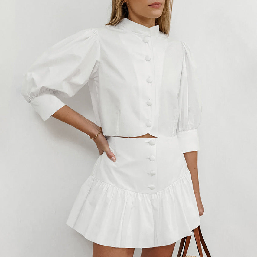 White Lantern Sleeve Shirt Short Skirt Two-piece Set For Women