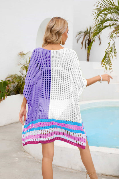 Contrast Scoop Neck Openwork Half Sleeve Cover Up - Fashion Finder Hub