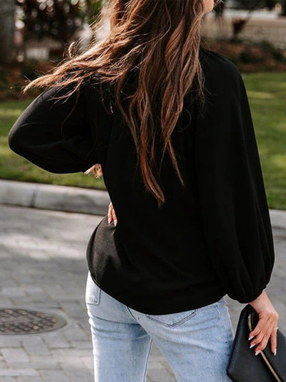 Ruched Notched Balloon Sleeve Blouse - Fashion Finder Hub