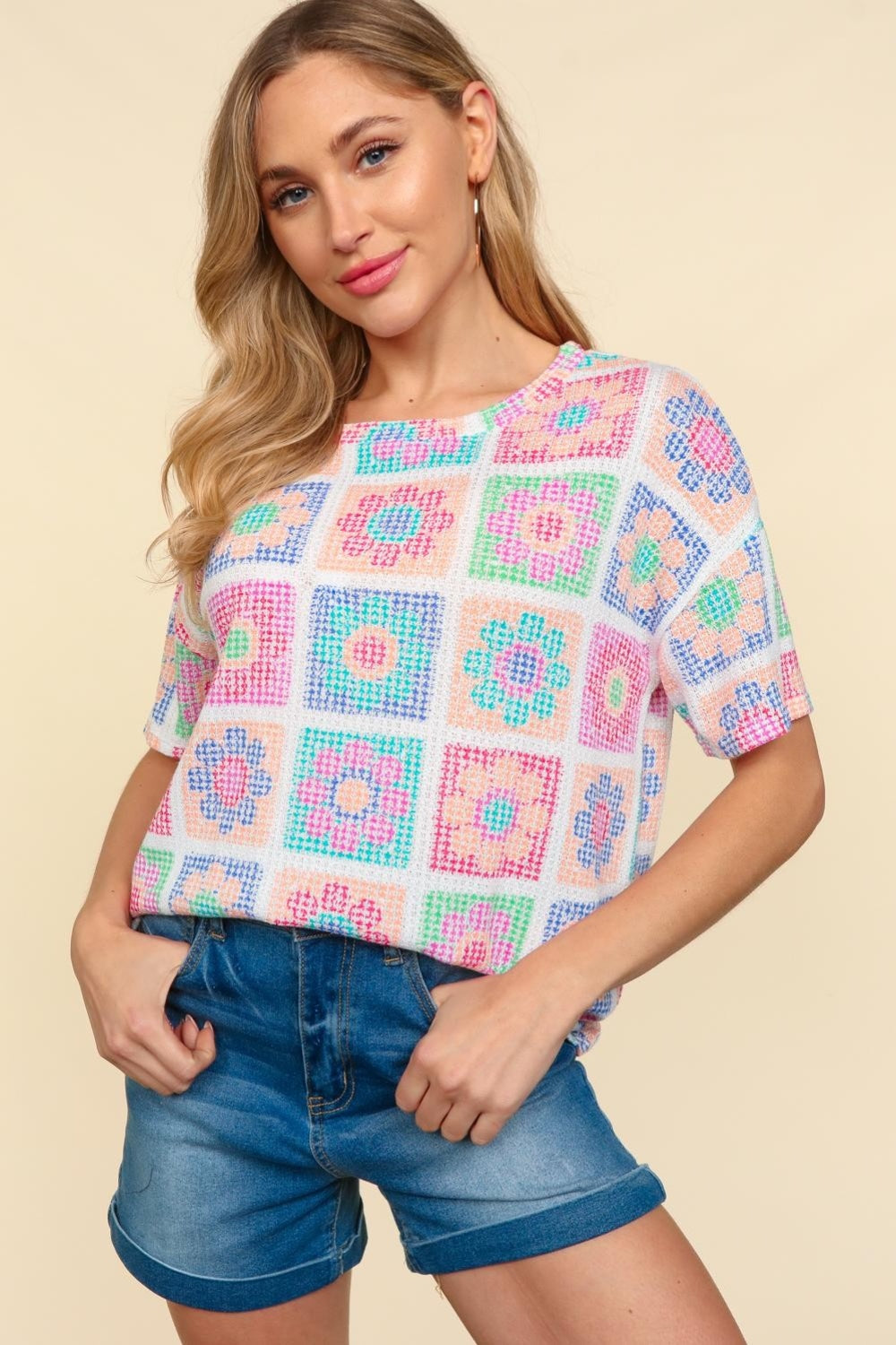 Haptics Flower Print Round Neck Short Sleeve T-Shirt - Fashion Finder Hub