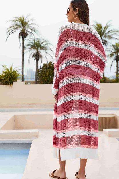 Striped Open Front Side Slit Duster Cover Up - Fashion Finder Hub