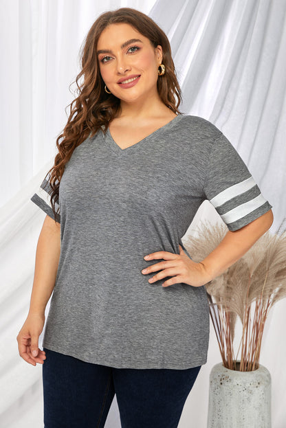Plus Size Striped V-Neck Tee Shirt - Fashion Finder Hub