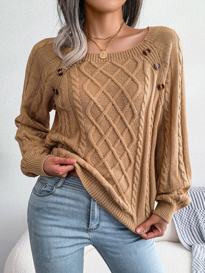 Decorative Button Cable-Knit Sweater - Fashion Finder Hub