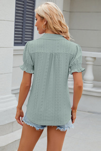 Eyelet Johnny Collar Short Sleeve Blouse - Fashion Finder Hub
