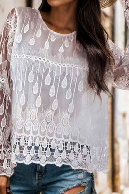 Round Neck Flounce Sleeve Lace Blouse - Fashion Finder Hub