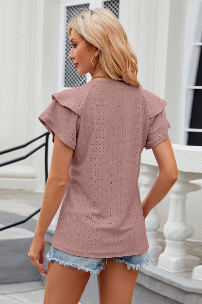 Eyelet Notched Short Sleeve T-Shirt - Fashion Finder Hub