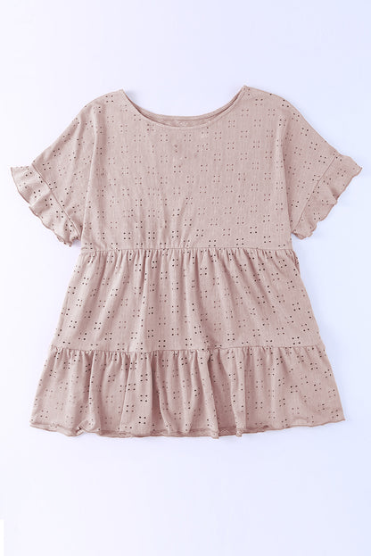 Plus Size Eyelet Round Neck Short Sleeve Blouse - Fashion Finder Hub