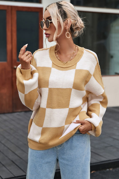 Checkered Exposed Seam Drooped Shoulder Sweater - Fashion Finder Hub